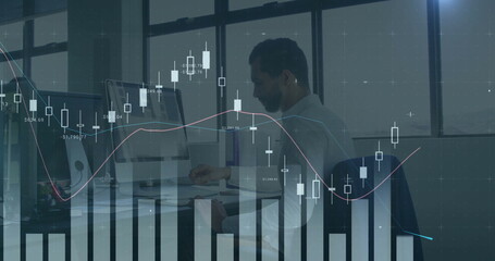 Monitoring analyst in collared shirt reading charts on two monitors at office, overlay, copy space
