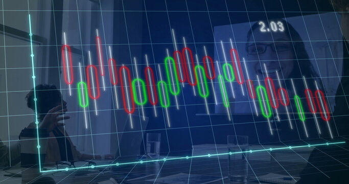 Displaying candlestick chart of stock data in meeting room, with team wearing suits using laptops