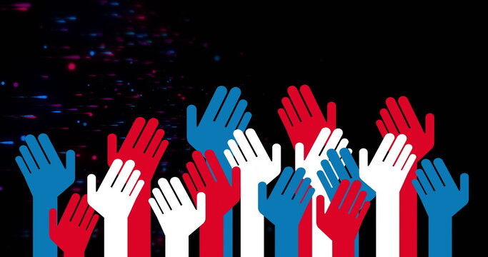 Showing multiple red white blue hands reaching upward in dark digital background, with pixel noise