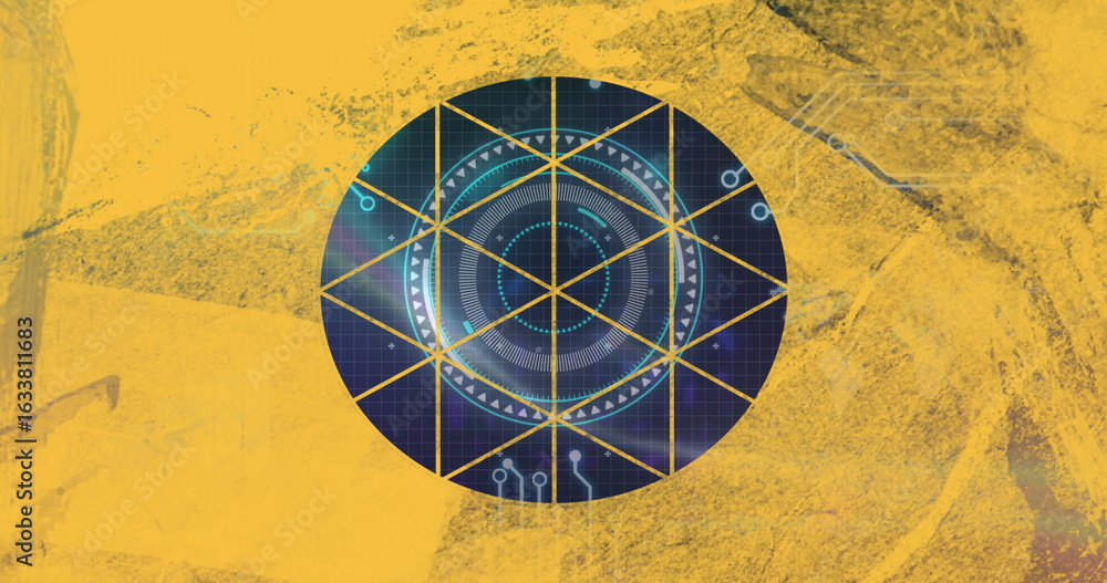 Poster displaying central circular digital interface on yellow backdrop, with grid lines and neon motifs