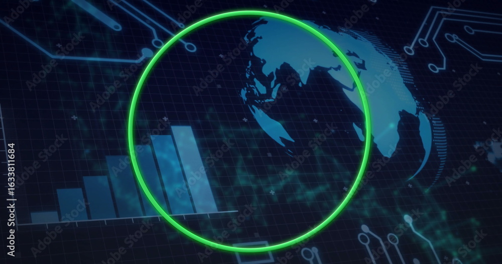 Poster displaying globe glowing neon green overlay on digital grid, with five-bar chart and circuit lines