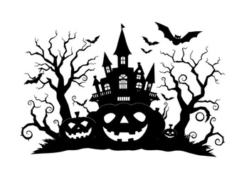 Fototapeta premium A Timeless Halloween Day Drawing of a Spooky Pumpkin, Bats in Flight, and an Old Castle, Created as a Detailed Silhouette Vector Illustration.
