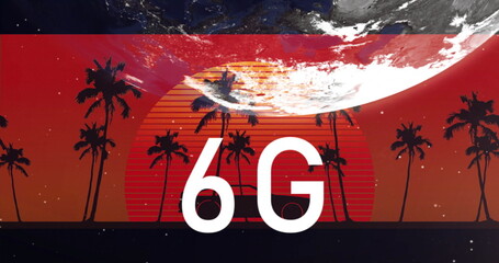 Floating bold white 6G logo above palm silhouettes at sunset horizon, with curved planet starfield © vectorfusionart