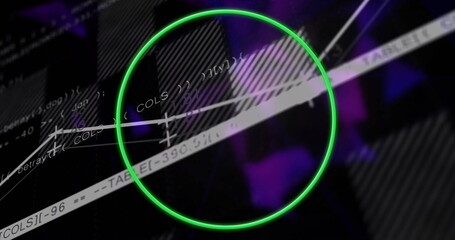 Neon green circle outline glowing in dark schematic interface, with angled white code fragments