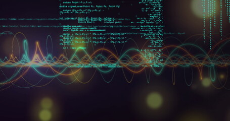 Flowing colorful waveform lines across dark digital space, with floating code and bokeh lights