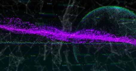 Flowing magenta particle stream across virtual 3D space, with network lines and spherical globe