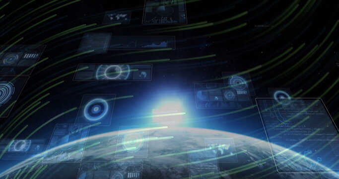Naklejki Showing Earth globe revealing horizon in orbit, with rising sun, data panels and green streams