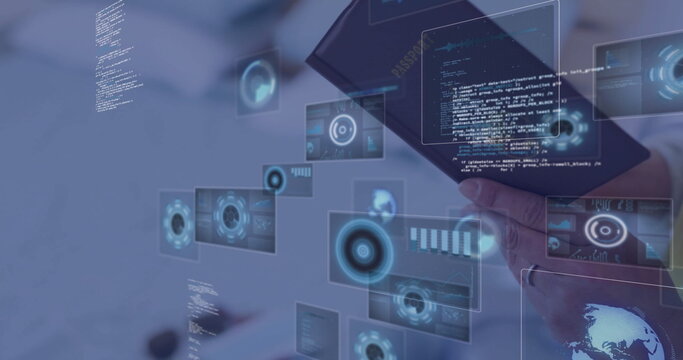 Adult Korean woman holding dark-blue passport in virtual space, with UI panels, copy space - Powered by Adobe