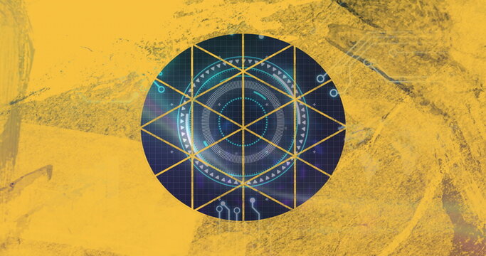 Fototapeta Displaying central circular digital interface on yellow backdrop, with grid lines and neon motifs