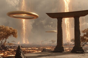 Golden UFOs over a volcanic landscape with ancient pillars