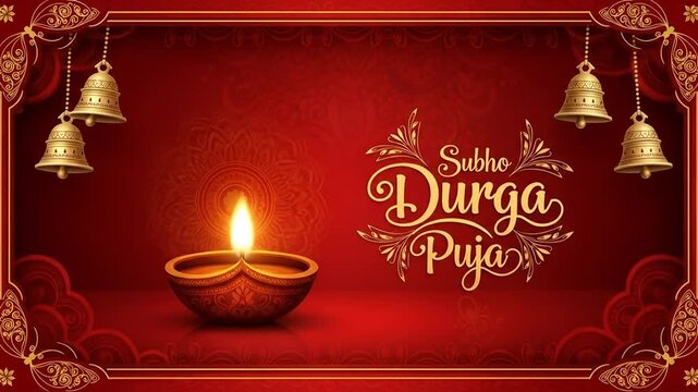 Elegant Subho Durga Puja Greeting with Glowing Diya Lamp and Golden Bells on a Festive Red Background