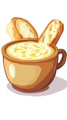 Cartoon-style hot cheese soup with bread  
