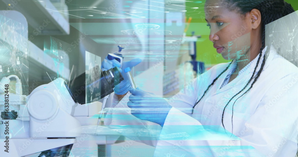 Aufkleber scientist in lab coat pipetting and adjusting microscope in lab, with digital overlays, copy space