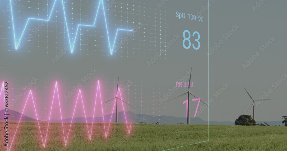 Poster overlay hovering above wind farm, with turbines, waveform graphs, grid, numeric displays 83,17