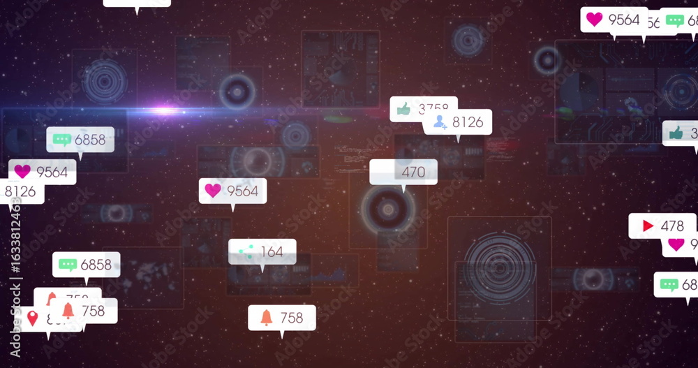 Aufkleber displaying social media notifications floating in cosmic interface, with heart comment bell icons