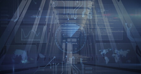 Illuminating server rack corridor showing circular HUD overlay in data center, with blinking LEDs