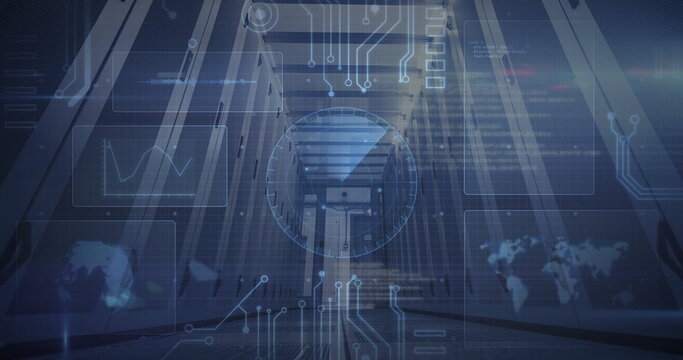 Illuminating server rack corridor showing circular HUD overlay in data center, with blinking LEDs