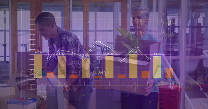 Office workers carrying cardboard boxes in open office, with financial charts, potted plant - Powered by Adobe