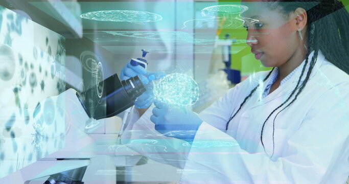 Scientist in lab coat transferring liquid with pipette into vial at lab bench, holographic overlays