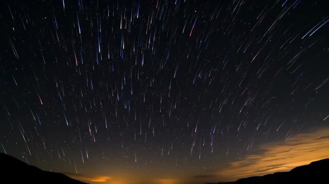 Stunning star trails at nighttime horizon over mountains