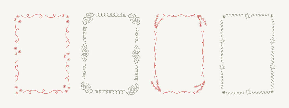 Set of hand drawn festive Christmas and New Year frames, perfect for greeting cards, holiday invitations, banners or background design.
