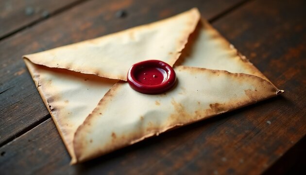 An old, sealed envelope with a red wax seal rests on a wooden table. The envelope has a weathered appearance, suggesting it is vintage or antique.