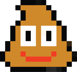 Cute smile poop emoji pixel art isolated on a white background. Vector 8 bit illustration.