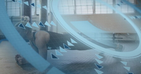 Holding forearm plank woman on rubber floor wearing workout clothes with AR graphics, copy space