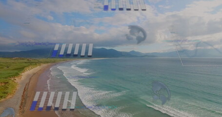 Displaying aerial view showing sandy beach with dunes meeting blue waves, with digital bar charts