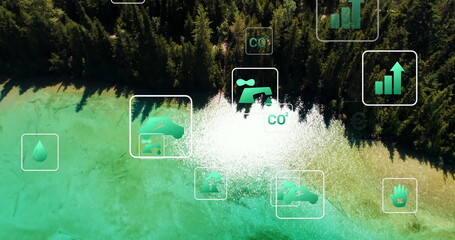 Aerial infographic icons floating over forested lakeshore, with CO2 faucet and sapling symbols