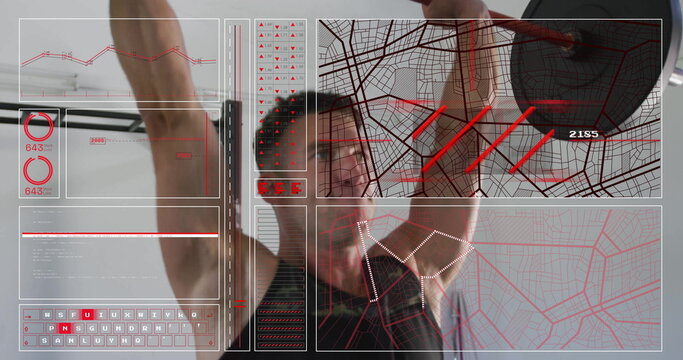 Lifting fit man performing overhead barbell lift under pull-up bar in gym, with data panels - Powered by Adobe