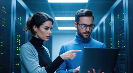 Two it specialists are working in data center server room, using laptop and discussing maintenance and upgrades for hardware