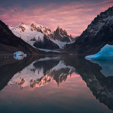 Fitz roy mount reflecting on a lake at sunset with icebergs
