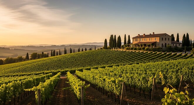 Golden hour vineyard landscape with an elegant villa and cypress trees. Idyllic, sunlit rows of grapevines in a serene agricultural setting. Perfect for travel, wine, and nature concepts. - Powered by Adobe
