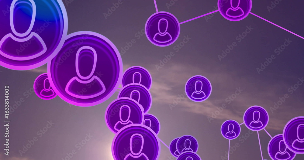 Poster floating glowing user profile icons forming network web against twilight sky, with neon lines