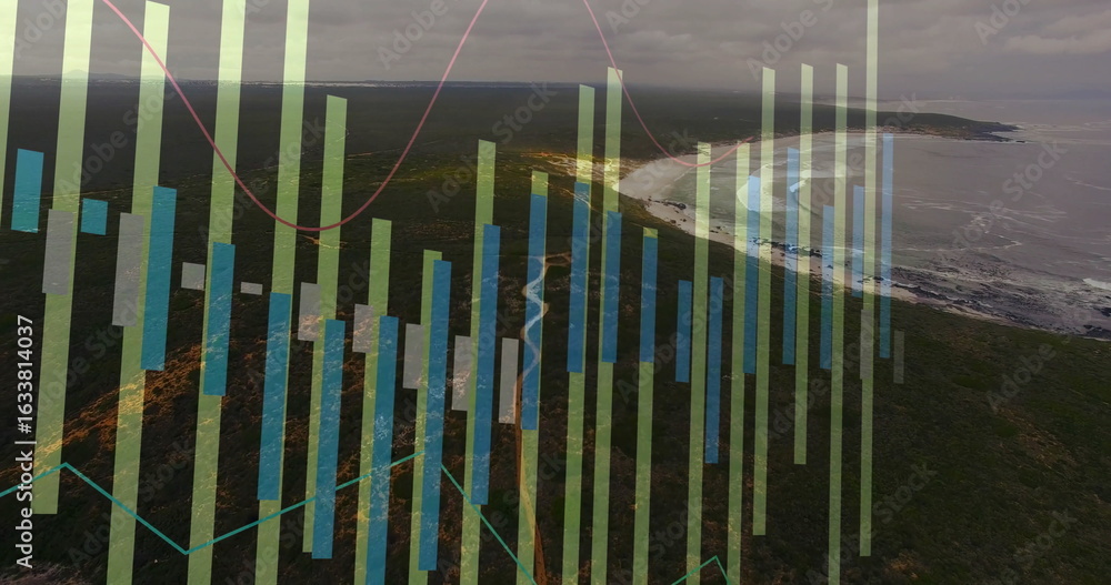 Poster translucent bars and lines floating over rugged coastline from aerial view, showing data graph