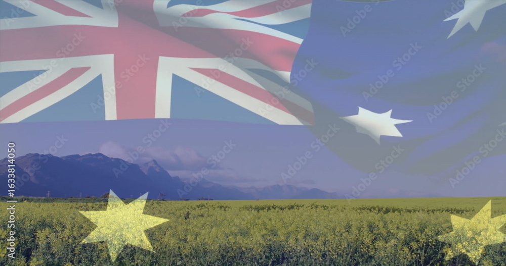 Poster displaying australian flag merging into canola field in clear sky with mountain backdrop