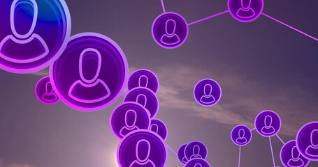Floating glowing user profile icons forming network web against twilight sky, with neon lines