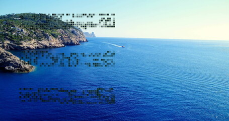 Gliding small white speedboat leaving wake across sea past rocky cliffs with shrubs, copy space
