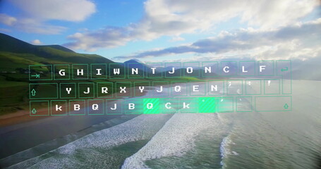 Displaying holographic keyboard over hills waves, with green keys, key outlines with white letters