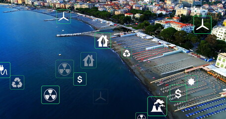 Capturing aerial view of coastal resort with curved bay, loungers, umbrellas, piers, overlay icons
