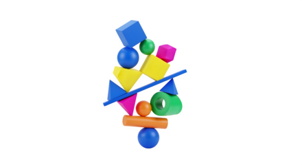 Balancing stack of colorful 3D geometric shapes with spheres, cubes, and pyramids, creative design element, isolated on white background