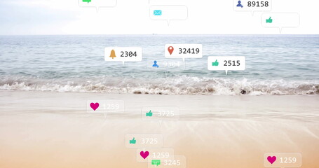 Floating cluster of social media icons drifting above sandy beach showing notification bubbles
