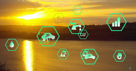 Glowing sun disc casting bright reflection on lake at sunset, with neon-green hex icons, copy space