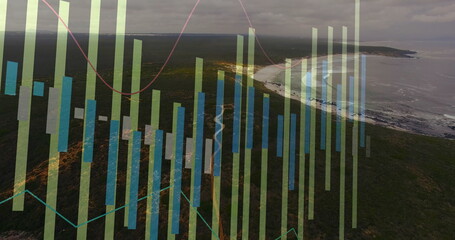 Translucent bars and lines floating over rugged coastline from aerial view, showing data graph