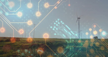 Showing single wind turbine rising above grassy plain with glowing nodes and circuit lines overlay