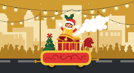 Naklejka premium Festive Christmas Parade With Child On Decorated Float Through City Streets