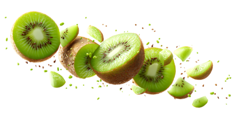 Falling kiwi fruit with sliced kiwifruit for a food design or healthy lifestyle concept isolated on a transparent background