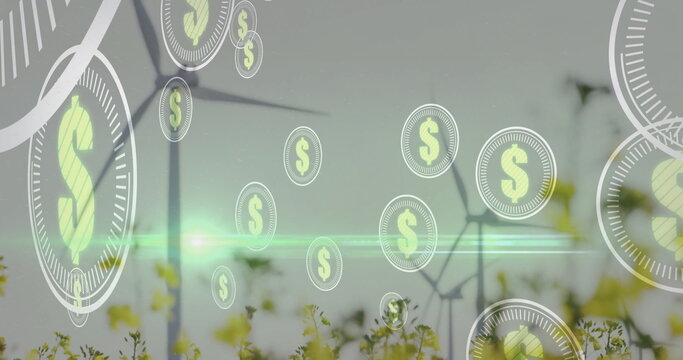 Wind turbine standing in yellow flowers in field, floating green dollar icons, neon light streak - Powered by Adobe