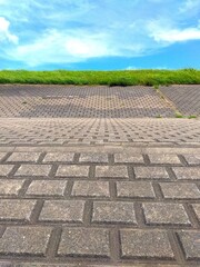 真夏日の江戸川土手の護岸風景